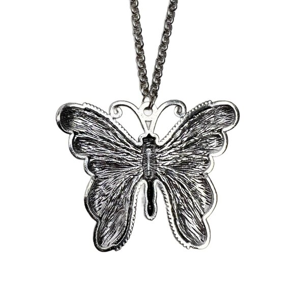Butterfly Pendant Necklace with Blue Crystals Antique Silver Tone - Picture 5 of 8